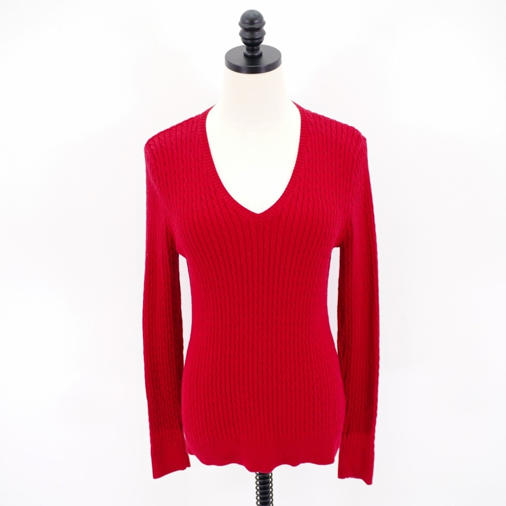Jeanne Pierre Small Red Cable Knit‎ V-Neck Sweater Cotton Nylon